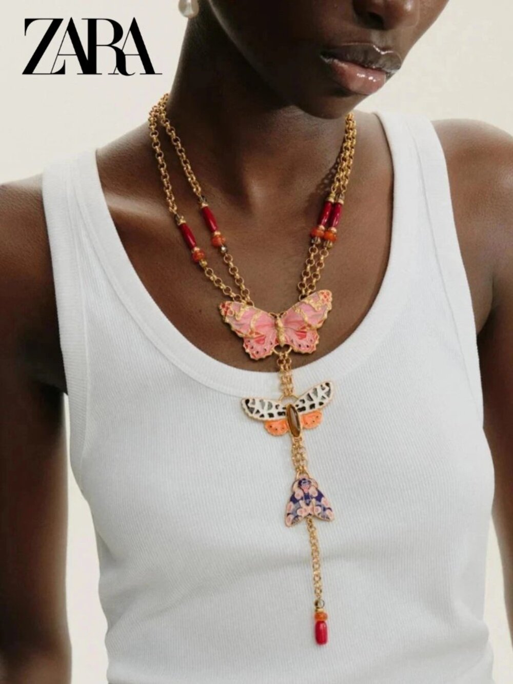 Zara Style Butterfly Garden Beaded Bohemian Lariat Necklace Pink/Red NEW - Picture 2 of 6